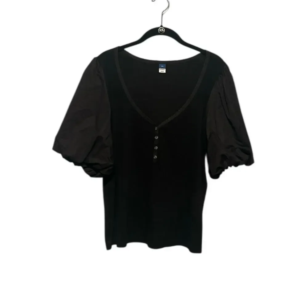 Old Navy Black Puff Sleeve V-Neck with Buttons Top Size XXL